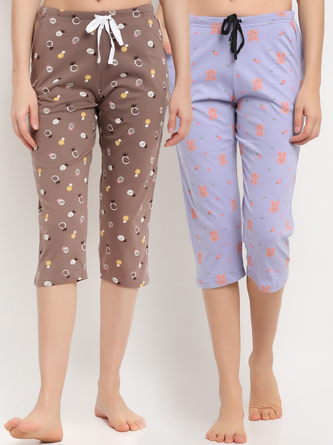 

Kanvin Women Violet & Brown Pack of 2 Printed Pure Cotton Capri Lounge Pants