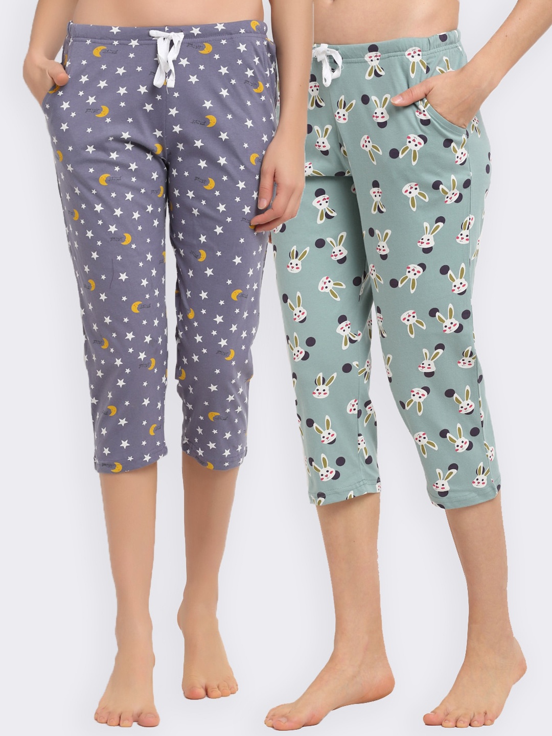 

Kanvin Women Sea Green & Purple Printed Set of 2 Printed Pure Cotton Lounge Capris