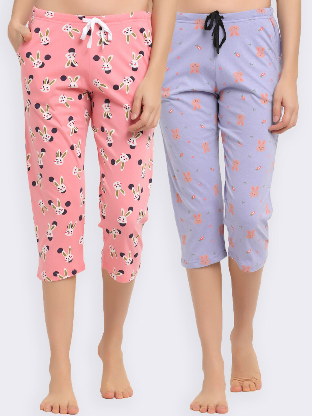 

Kanvin Women Pack Of 2 Printed Pure Cotton Three-Fourth Lounge Pants, Violet