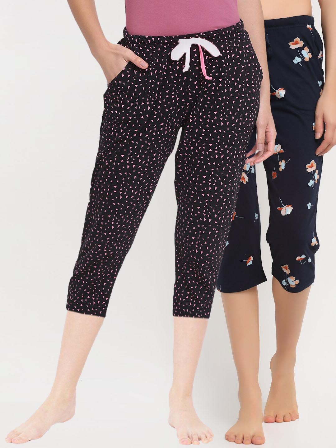 

Kanvin Women Pack of 2 Printed Pure Cotton Lounge Capris, Navy blue