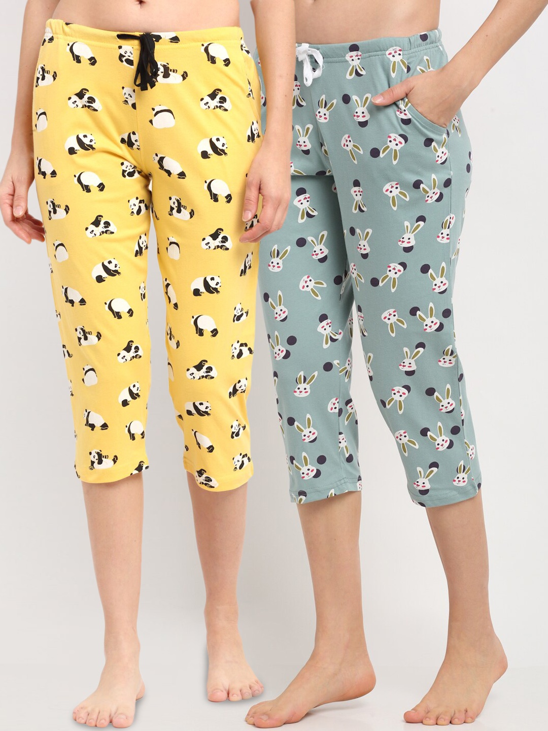 

Kanvin Women Yellow & Green Pack Of 2 Printed Pure Cotton Lounge Capri
