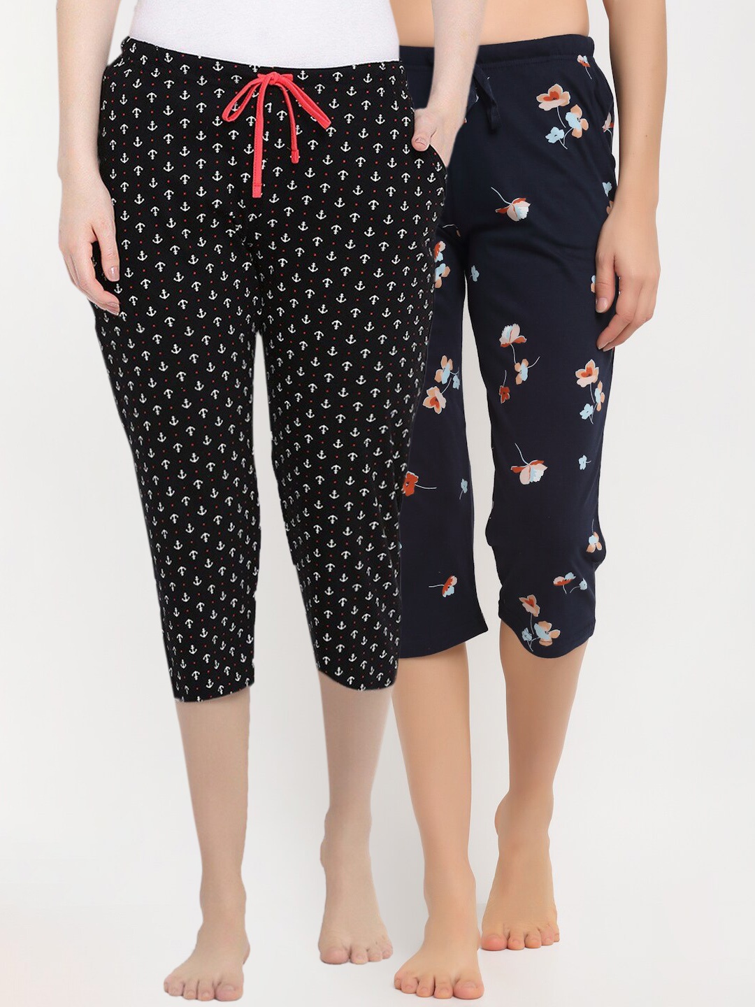 

Kanvin Women Navy Blue & Black Pack Of 2 Printed Pure Cotton Lounge Capri