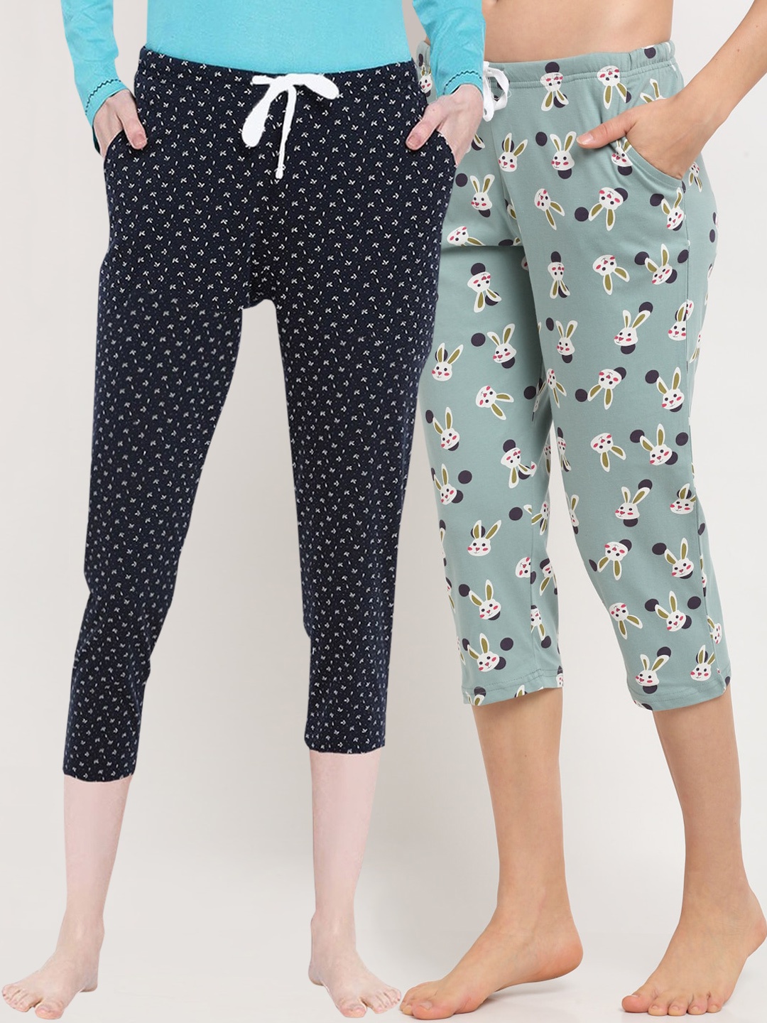 

Kanvin Women Pack Of 2 Printed Pure Cotton Three-Fourth Lounge Pants, Sea green