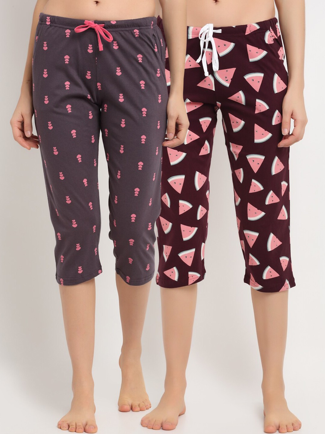

Kanvin Women Pack Of 2 Printed Pure Cotton Lounge Capri, Brown