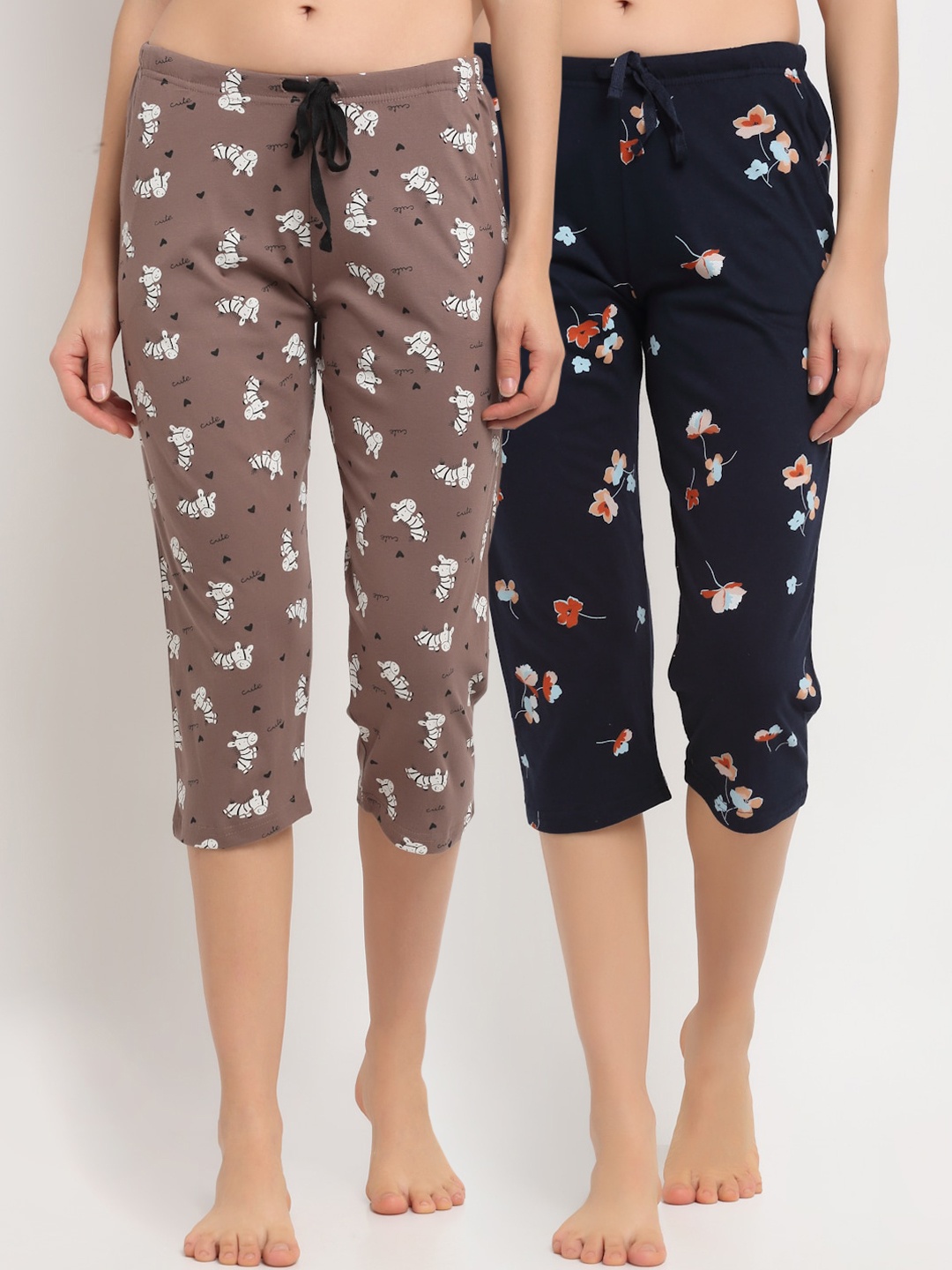 

Kanvin Women Pack Of 2 Printed Pure Cotton Lounge Pants, Navy blue