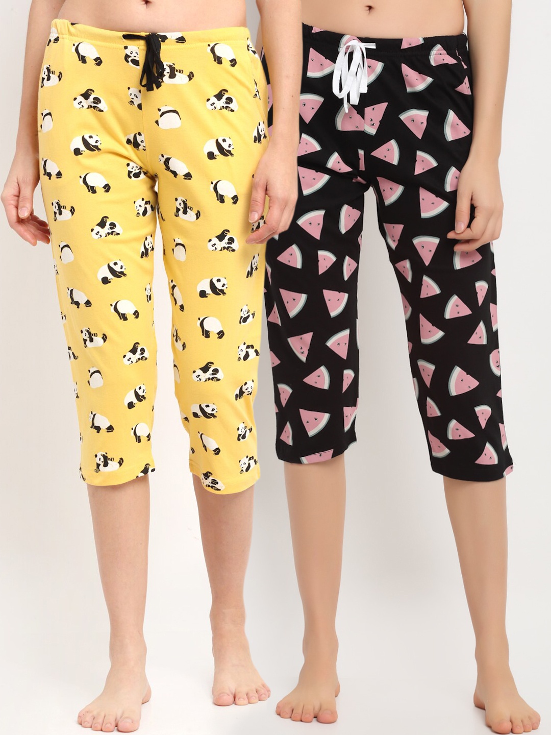 

Kanvin Women Yellow & Black Pack Of 2 Printed Pure Cotton Three-Fourth Lounge Pants