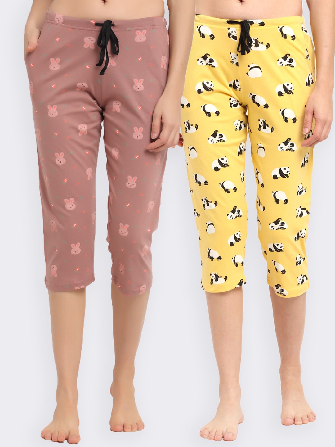 

Kanvin Women Pack Of 2 Printed Pure Cotton Lounge Pants, Yellow