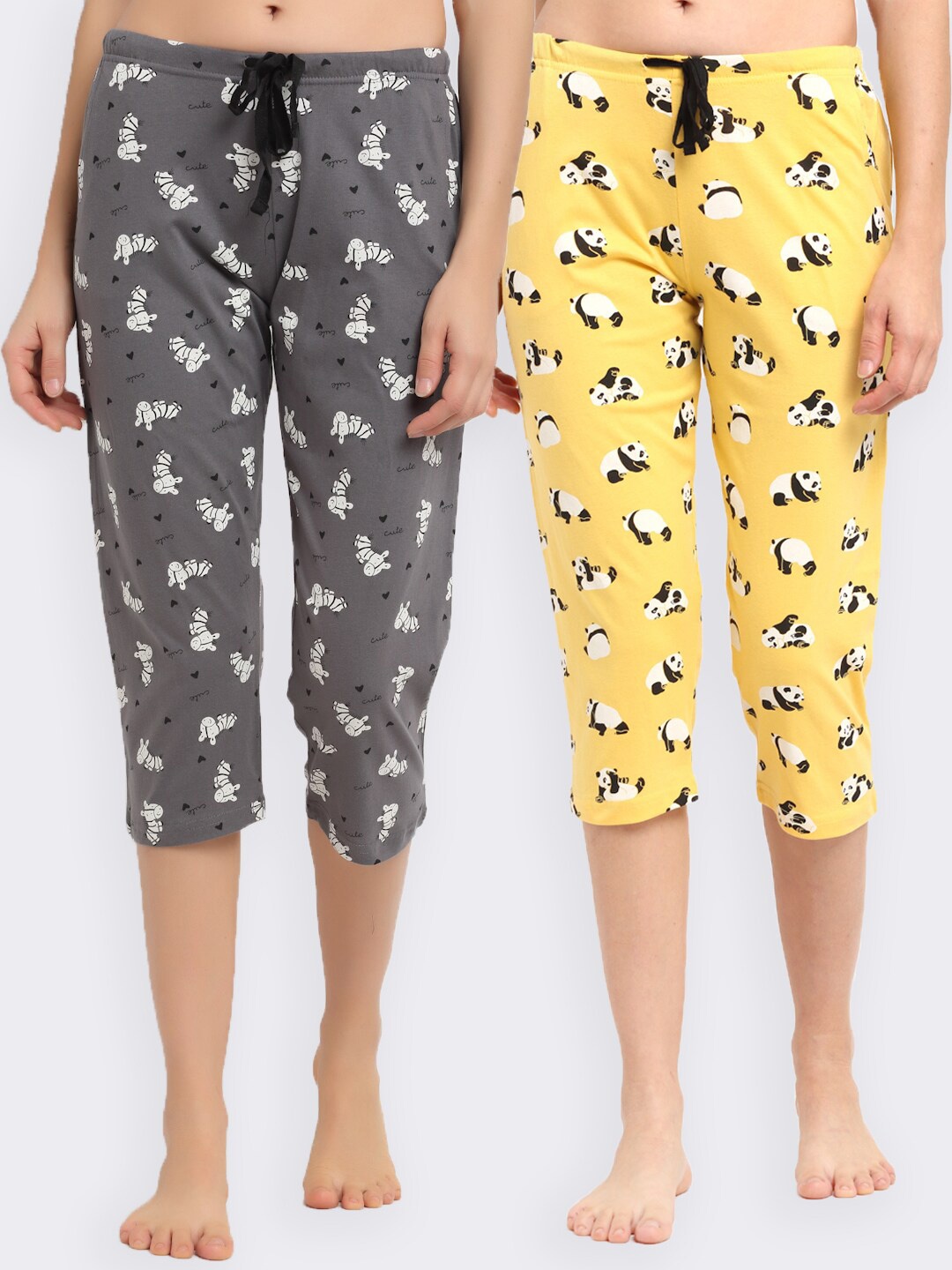 

Kanvin Women Pack Of 2 Printed Pure Cotton Three-Fourth Lounge Pants, Yellow