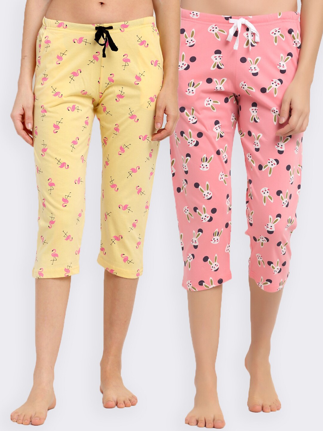 

Kanvin Women Pink & Yellow Pack Of 2 Printed Cotton Lounge Capri