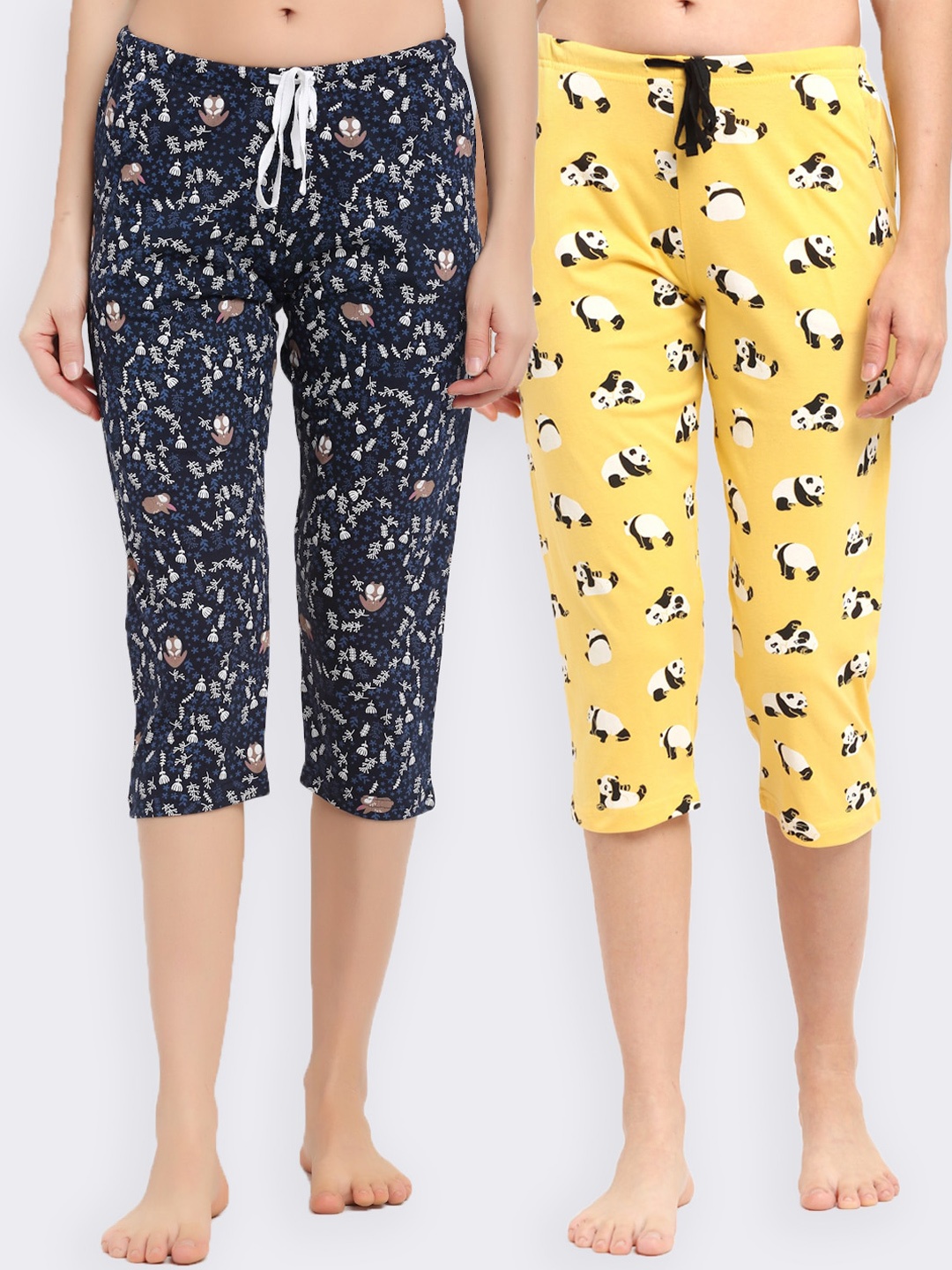 

Kanvin Women Pack Of 2 Printed Pure Cotton Three-Fourth Lounge Pants, Yellow