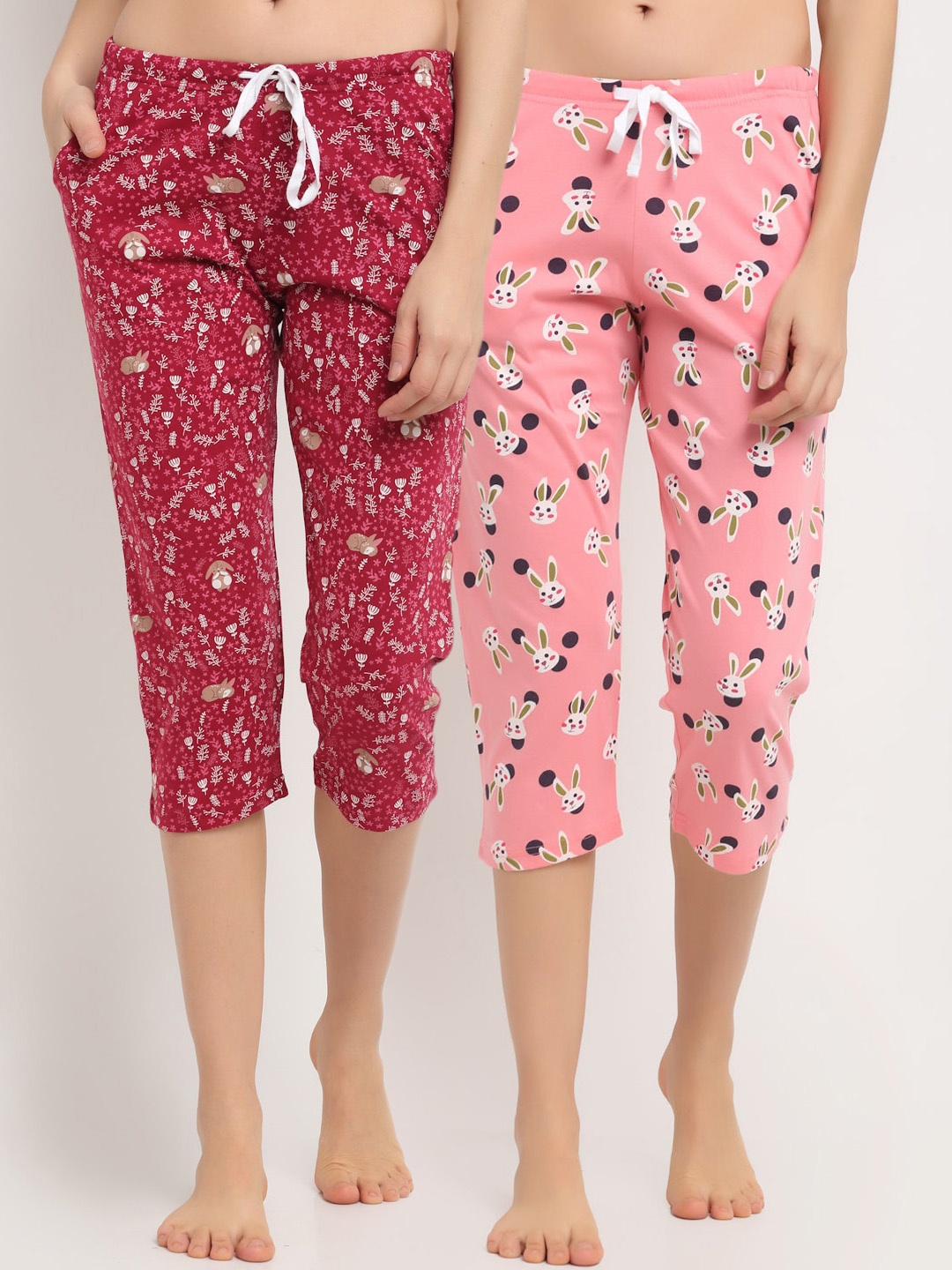 

Kanvin Women Pack Of 2 Printed Pure Cotton Lounge Capri, Pink