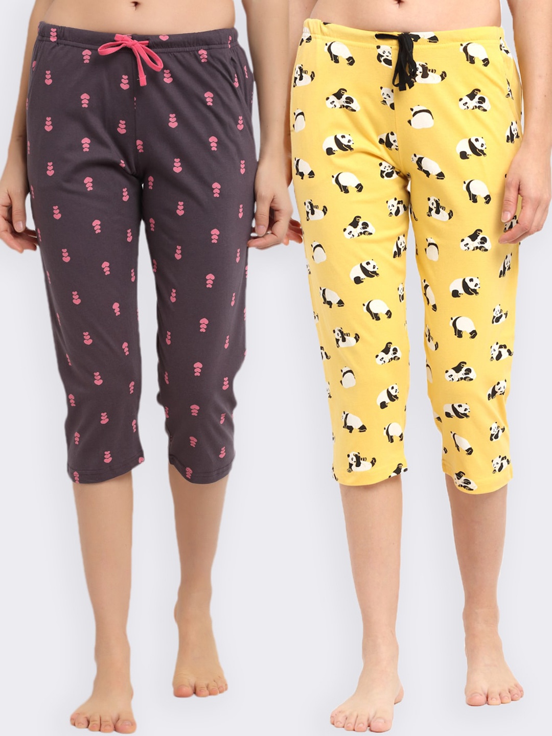 

Kanvin Women Pack Of 2 Printed Pure Cotton Three-Fourth Lounge Pants, Yellow