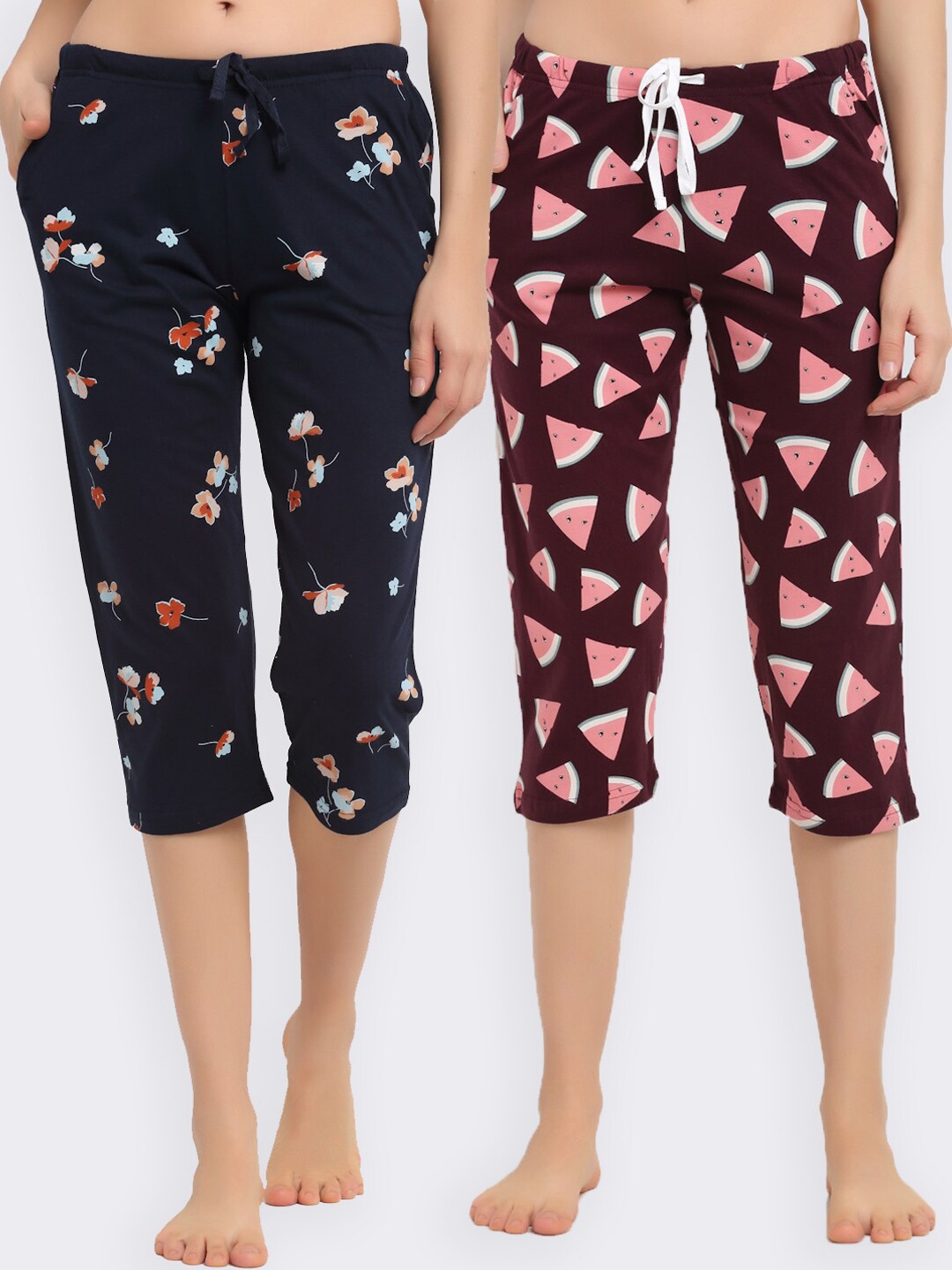 

Kanvin Women Brown & Navy Blue Pack of 2 Printed Pure Cotton Capri Lounge Pants