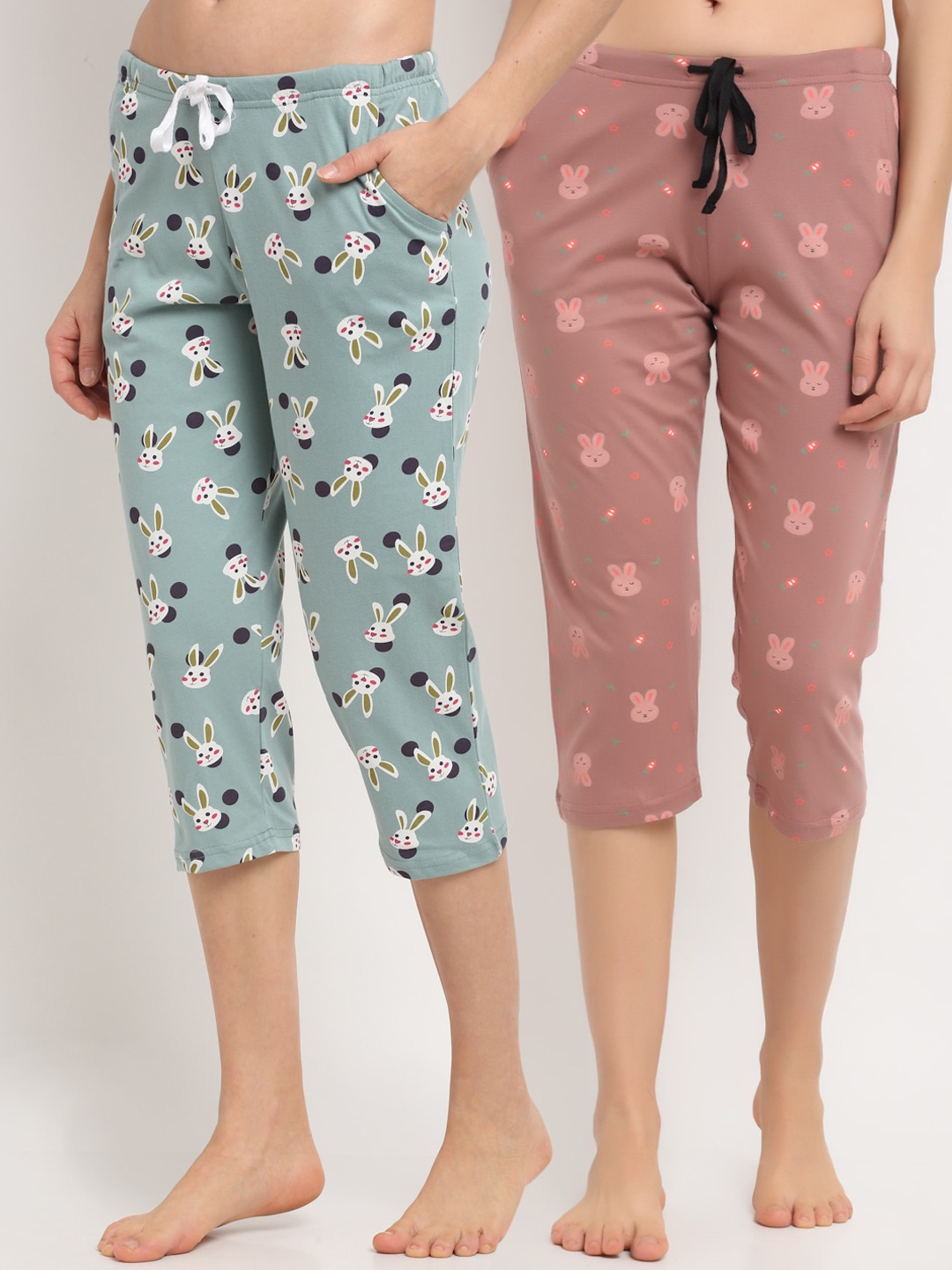 

Kanvin Women Mauve & Green Pack Of 2 Printed Pure Cotton Lounge Capris