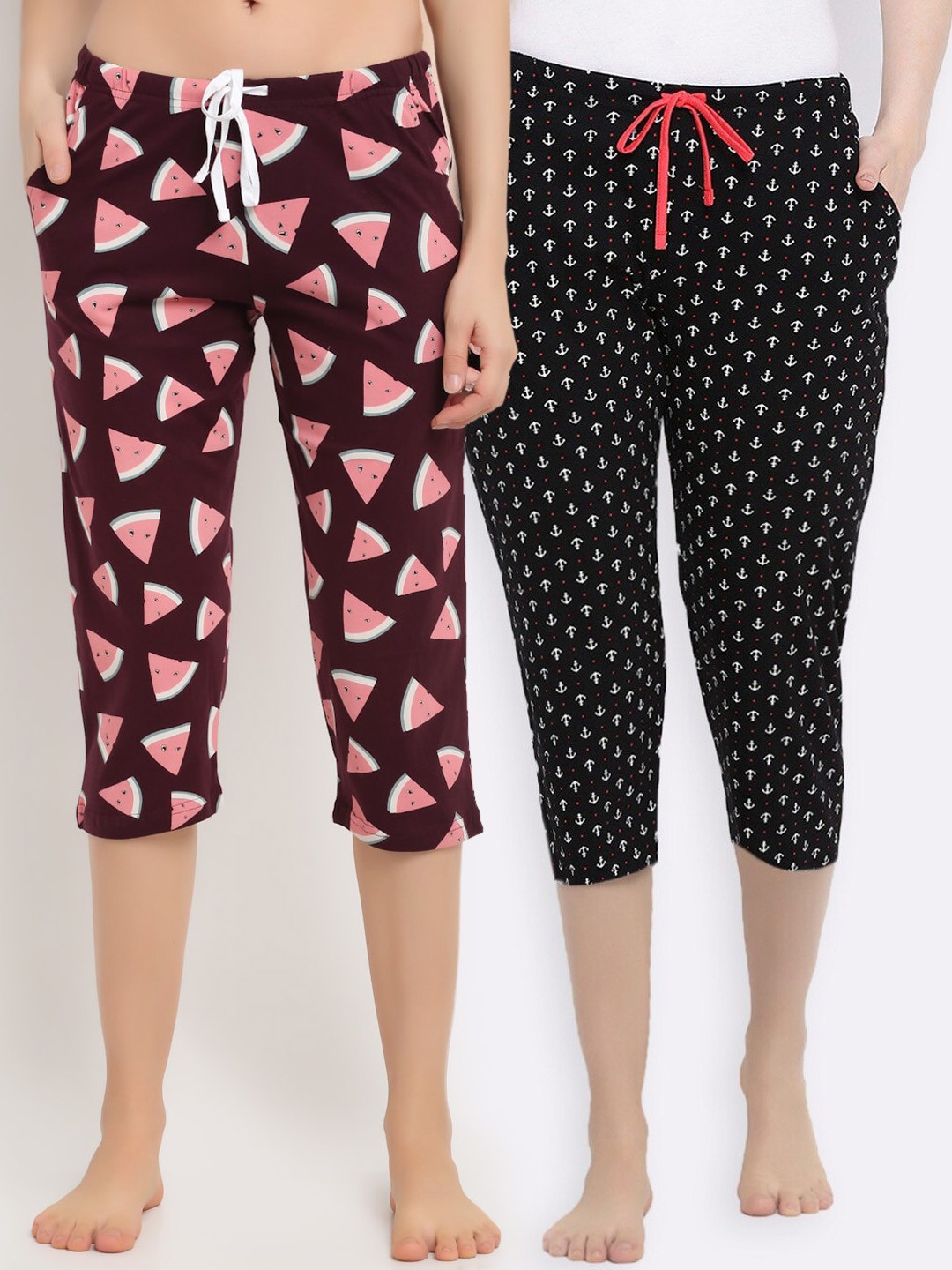 

Kanvin Women Pack of 2 Printed Pure Cotton Lounge Capris, Brown