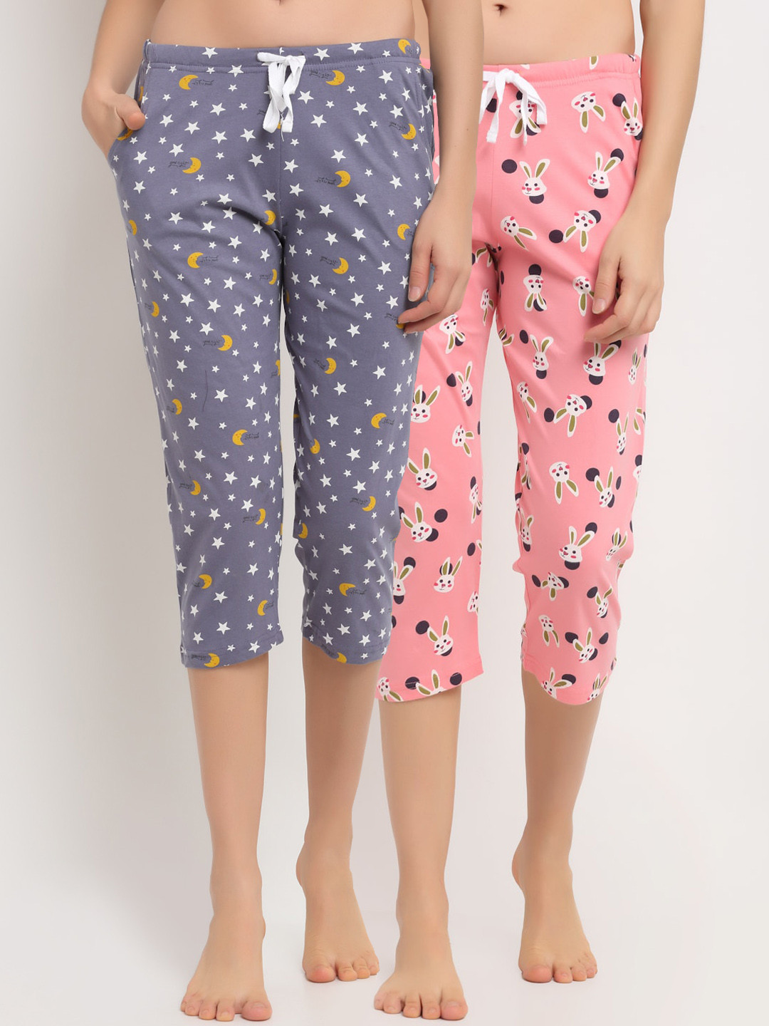 

Kanvin Women Pack of 2 Pink & Purple Printed Pure Cotton Lounge Capris