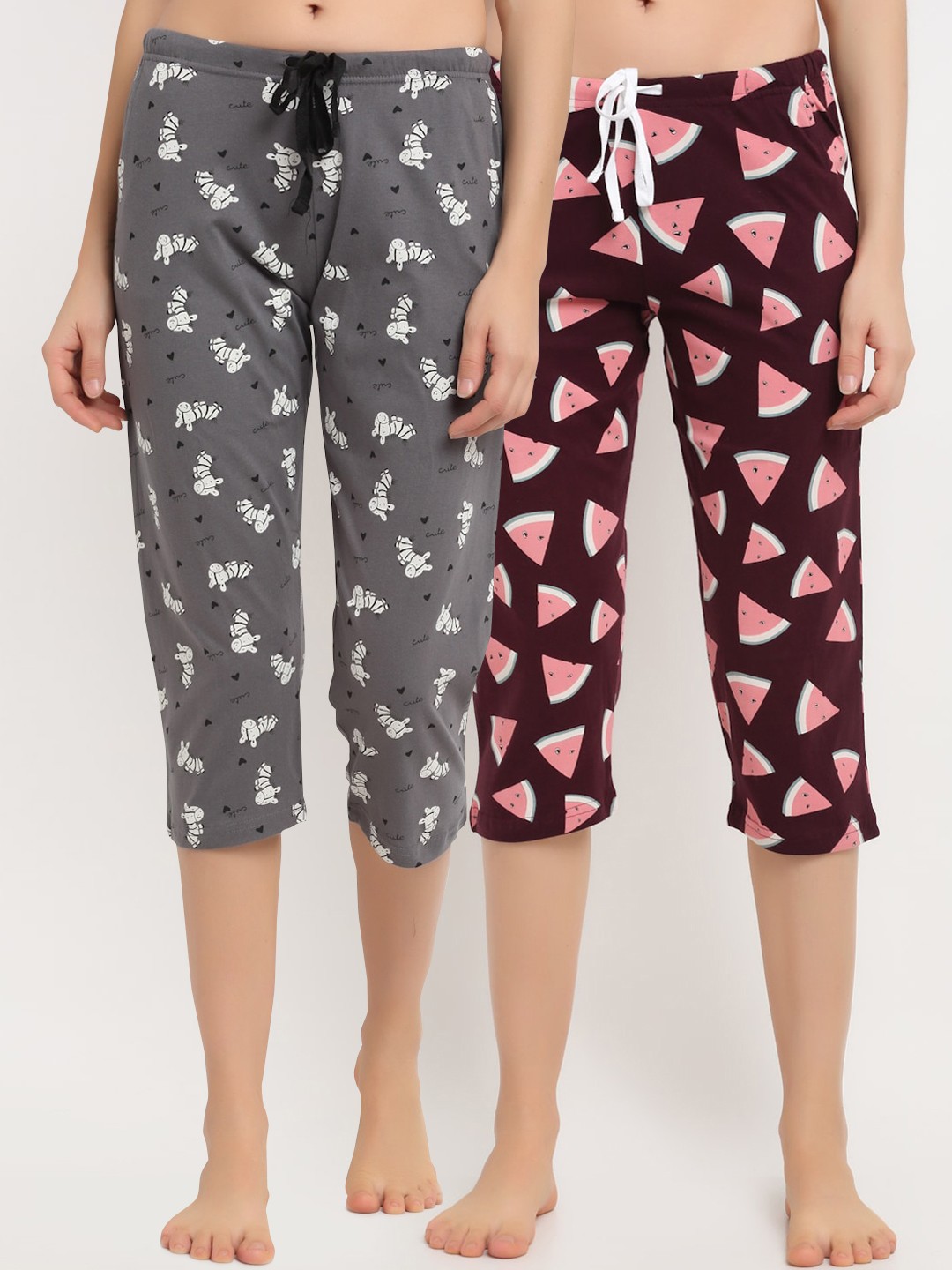 

Kanvin Women Pack Of 2 Printed Pure Cotton Lounge Pants, Maroon