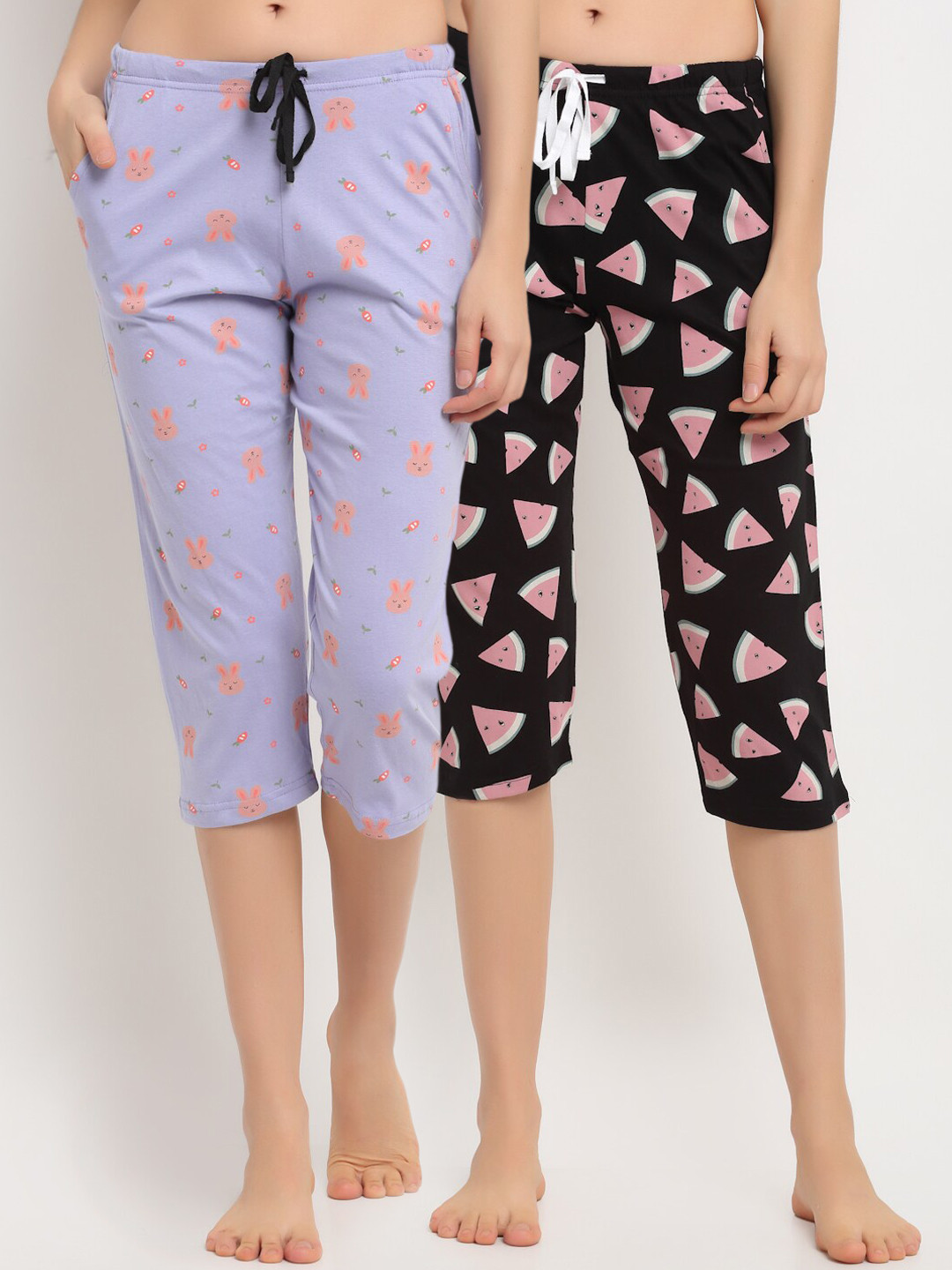 

Kanvin Women Pack Of 2 Printed Pure Cotton Three-Fourth Lounge Pants, Black