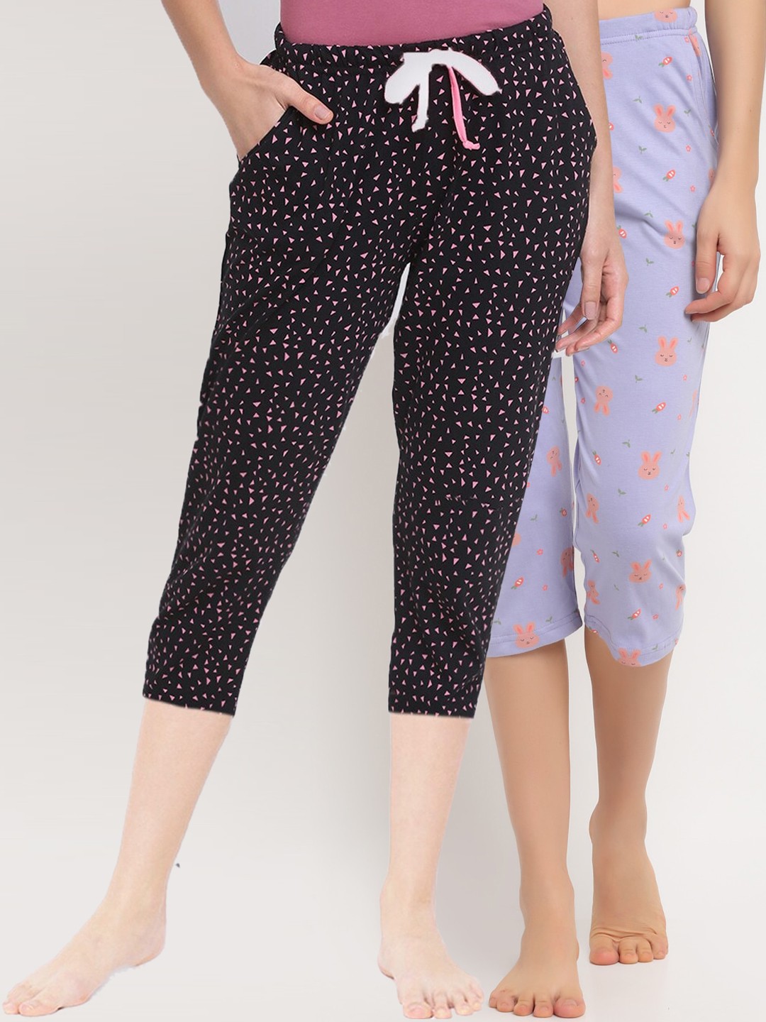 

Kanvin Women Pack of 2 Black & Blue Printed Cotton Lounge Pants