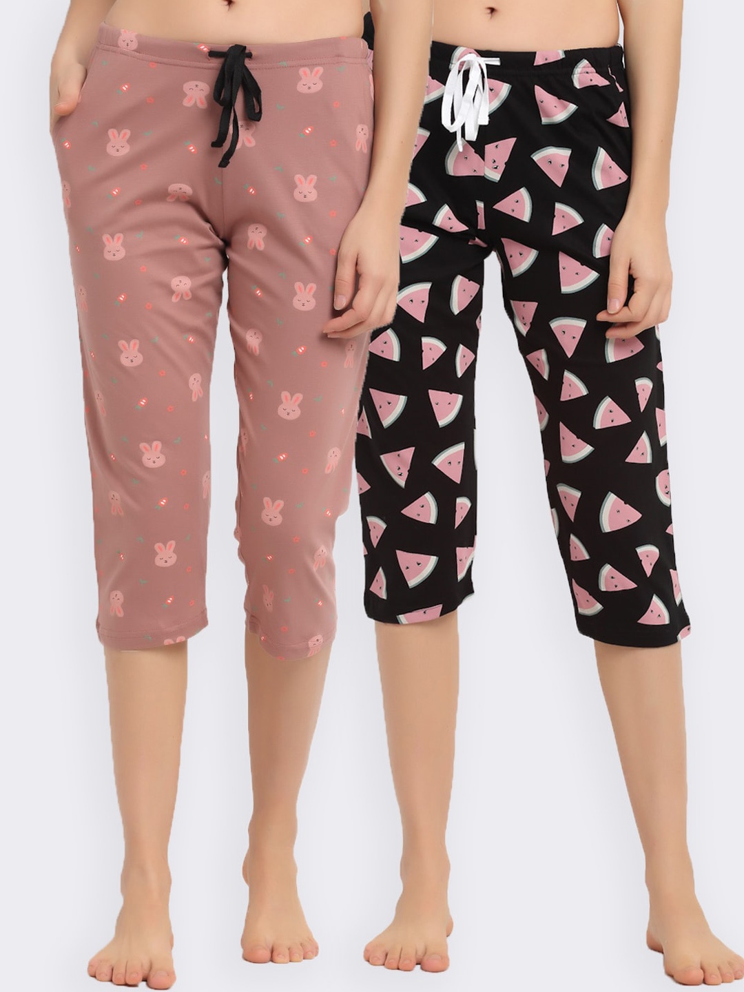 

Kanvin Women Pack Of 2 Black & Mauve Printed Cotton Lounge Capris