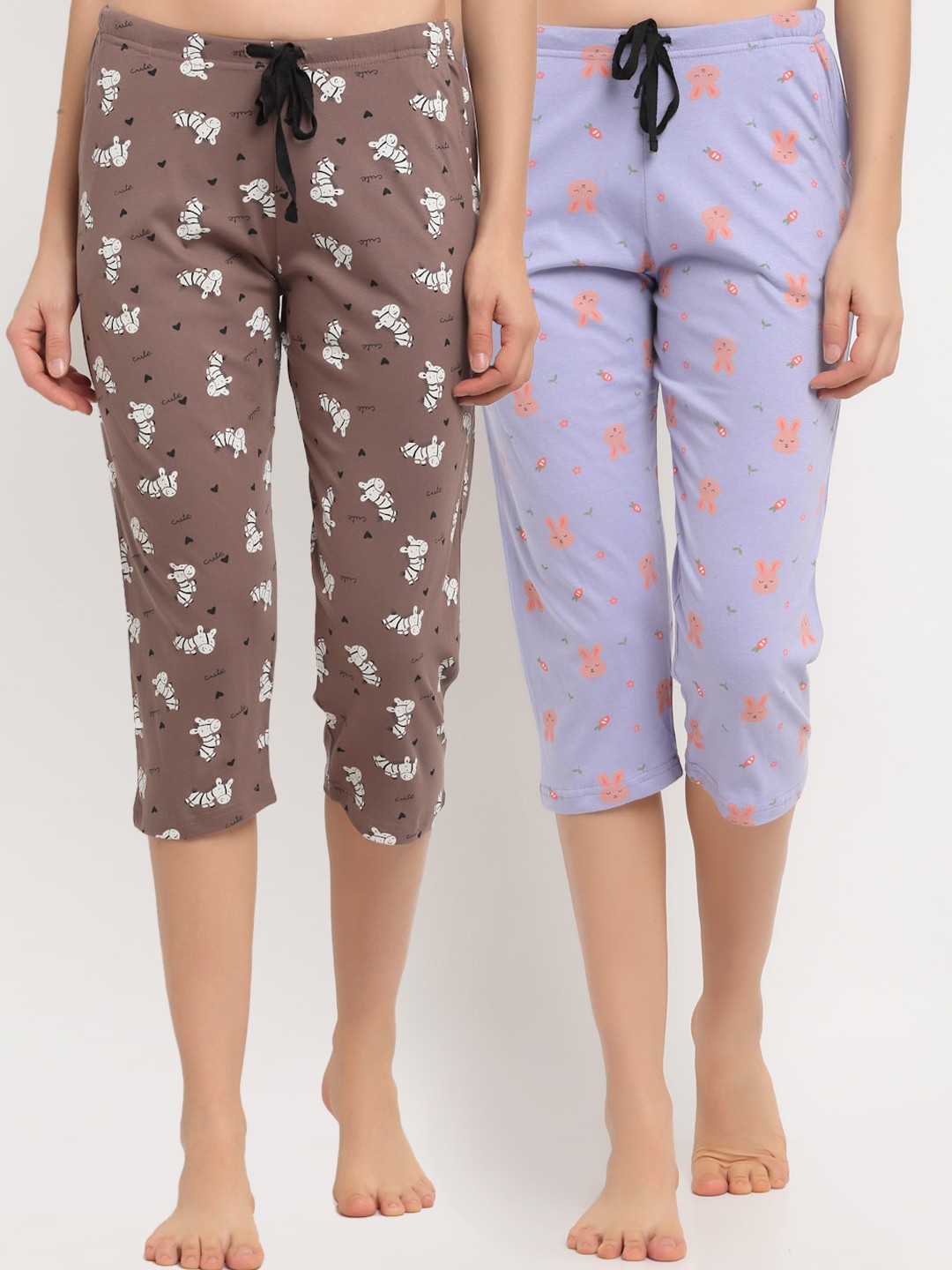 

Kanvin Women Pack Of 2 Printed Pure Cotton Lounge Pants, Brown