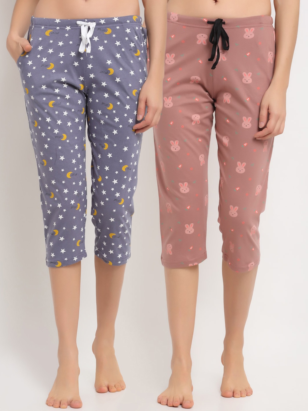 

Kanvin Women Pack of 2 Printed Pure Cotton Capri Lounge Pants, Mauve