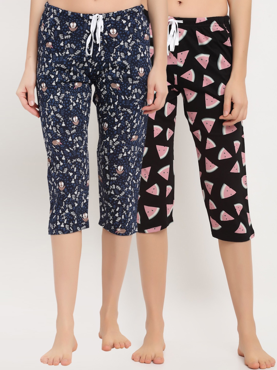 

Kanvin Women Black & Navy Blue Pack Of 2 Printed Cotton Lounge Pants