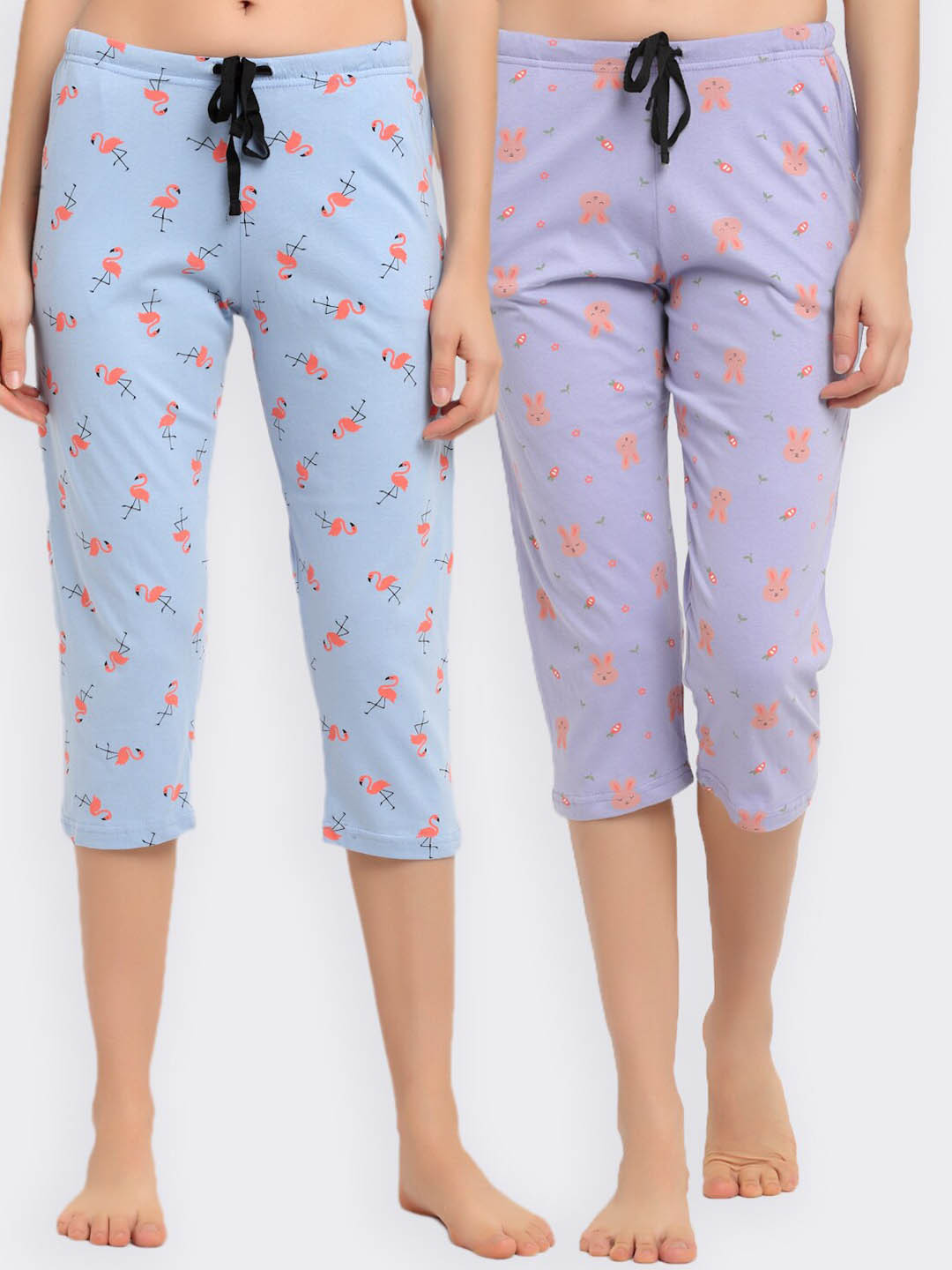 

Kanvin Women Set Of 2 Blue & Violet Printed Cotton Three-Fourth Lounge Pants