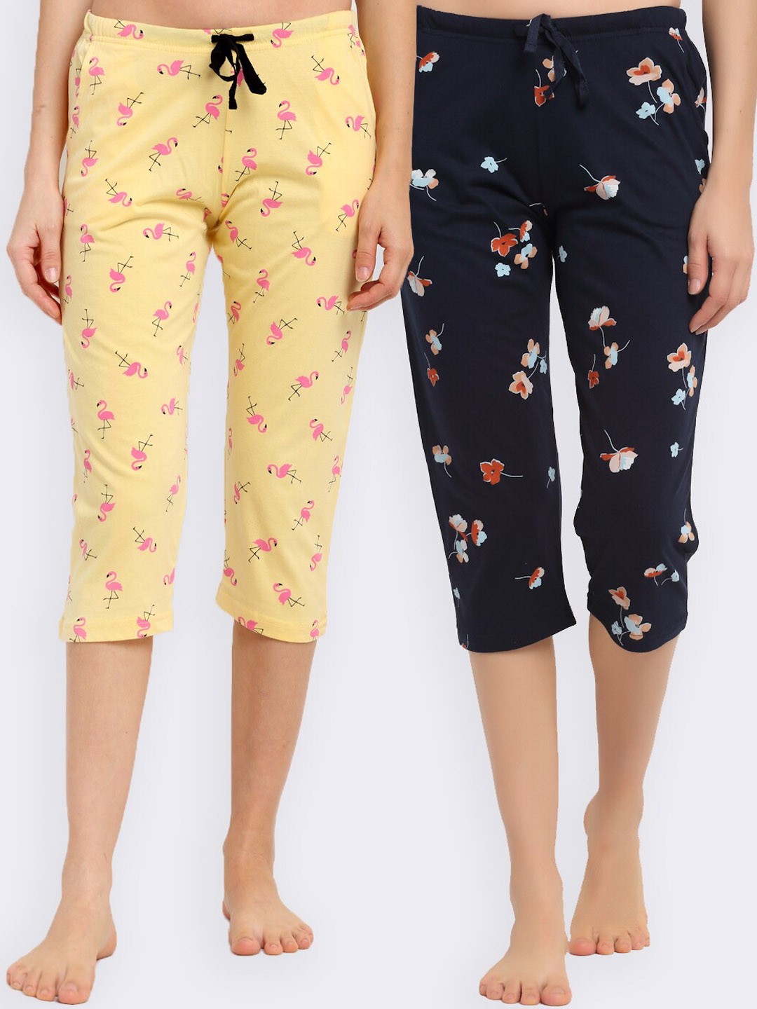

Kanvin Women Pack Of 2 Navy Blue & Yellow Printed Pure Cotton Lounge Capris