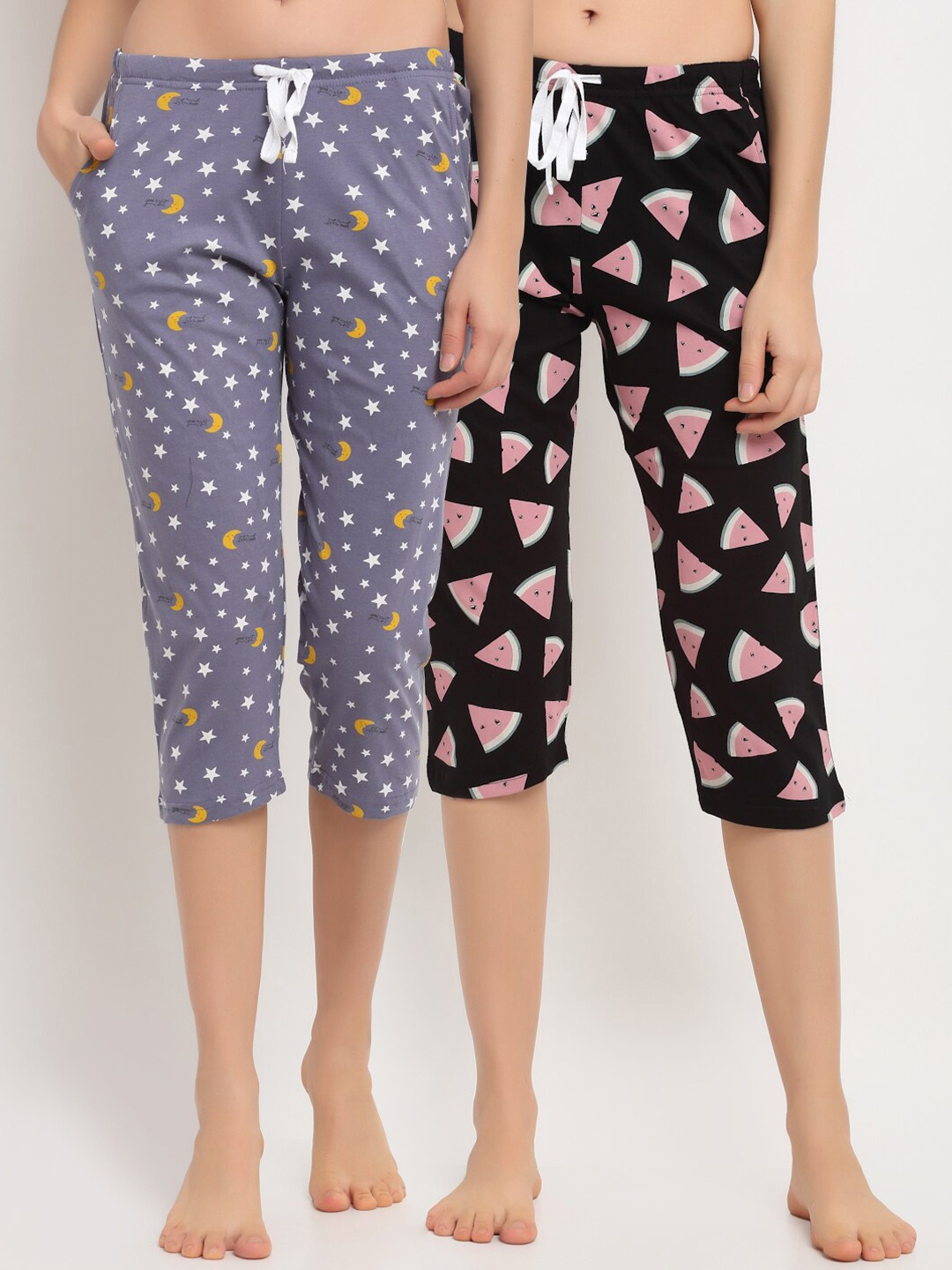 

Kanvin Women Pack Of 2 Printed Pure Cotton Three Fourth-Length Lounge Pants, Black