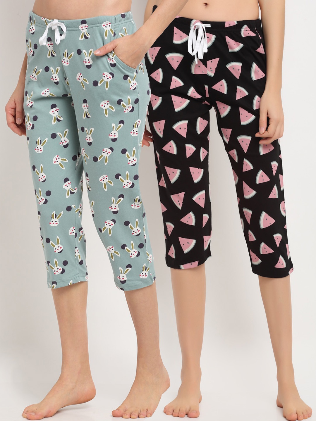 

Kanvin Women Pack Of 2 Printed Pure Cotton Capri Lounge Pants, Black