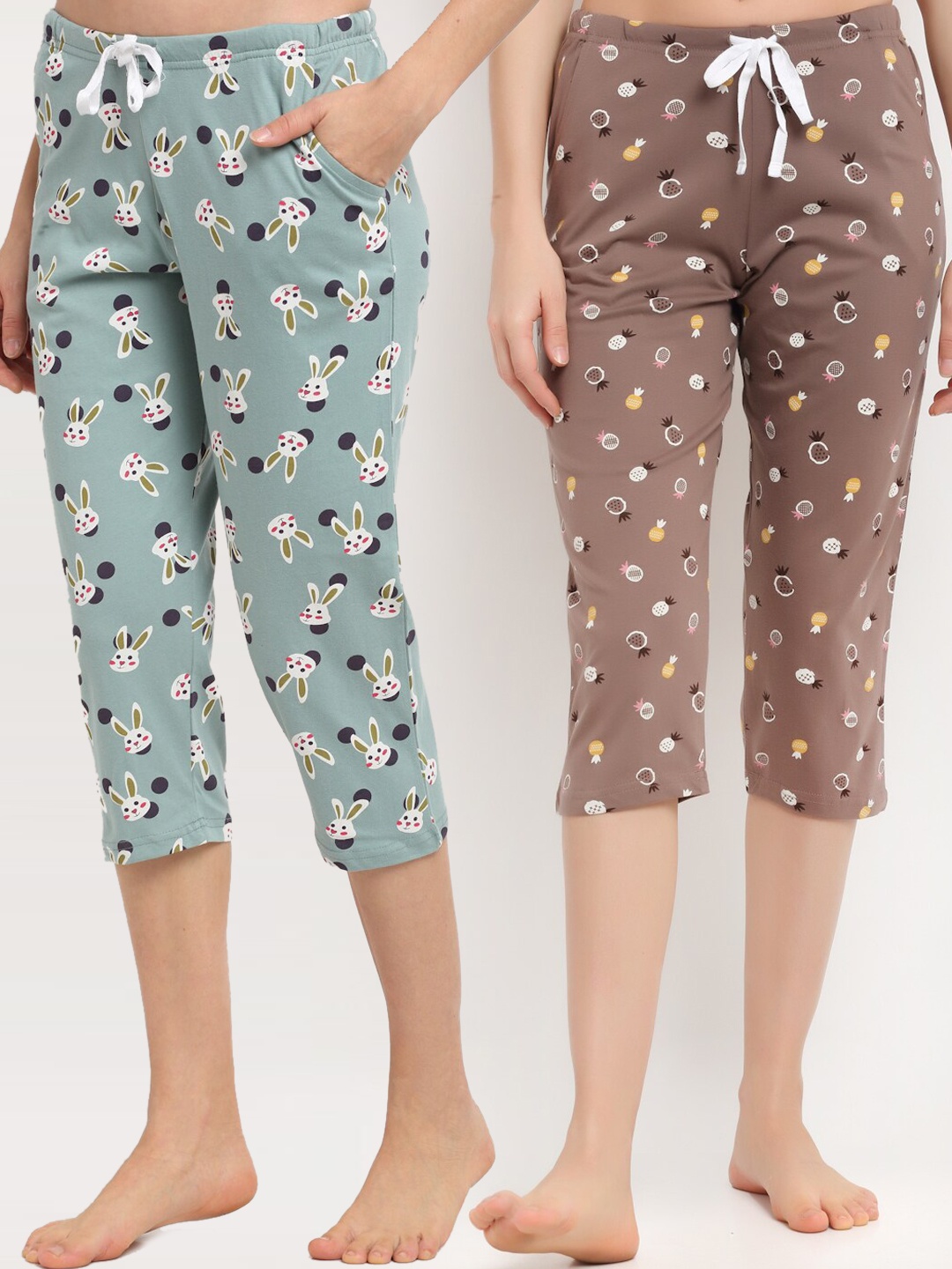 

Kanvin Women Pack Of 2 Printed Pure Cotton Lounge Capri, Sea green