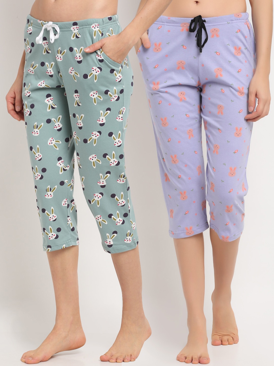 

Kanvin Women Pack Of 2 Printed Pure Cotton Lounge Capris, Violet