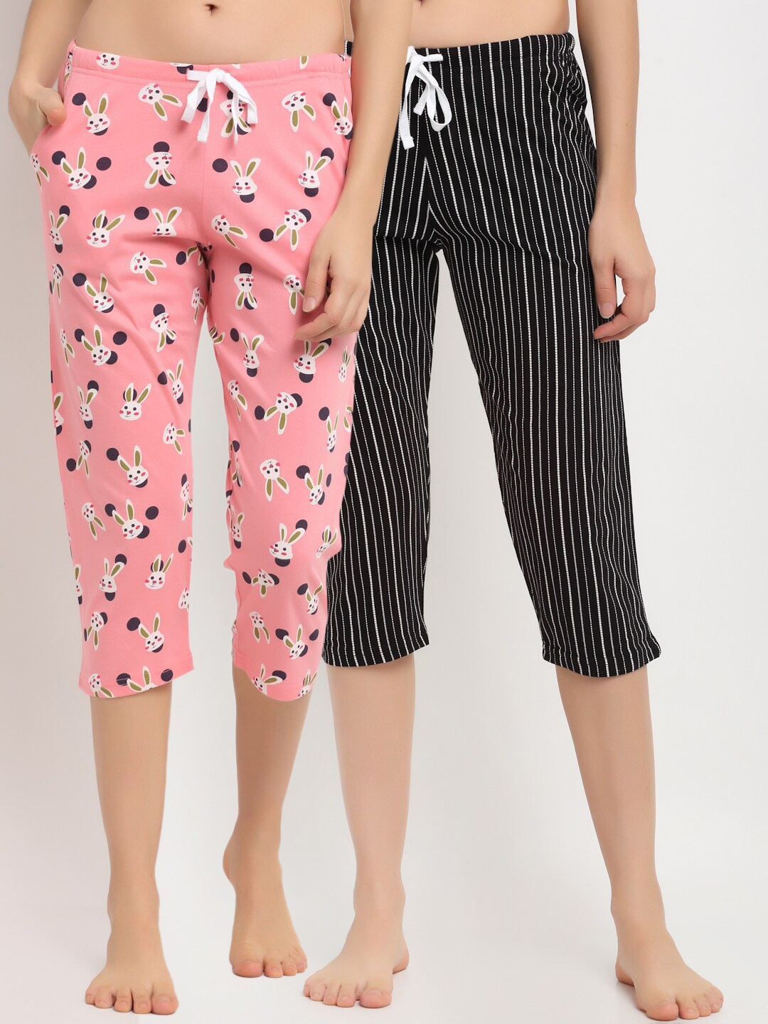 

Kanvin Women Pink & Black Pack Of 2 Printed Pure Cotton Lounge Capri