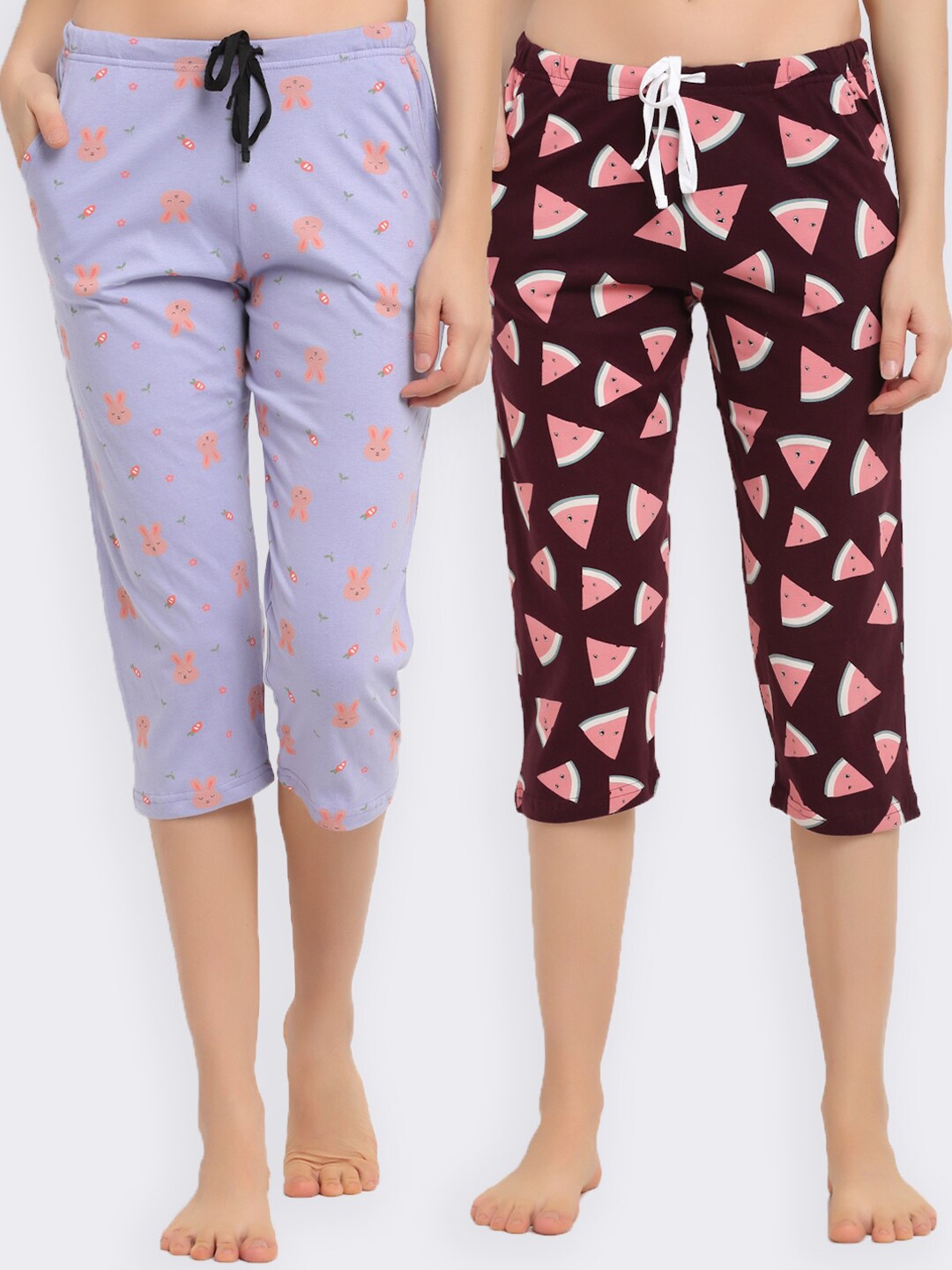 

Kanvin Women Pack Of 2 Printed Pure Cotton Three-Fourth Lounge Pants, Brown