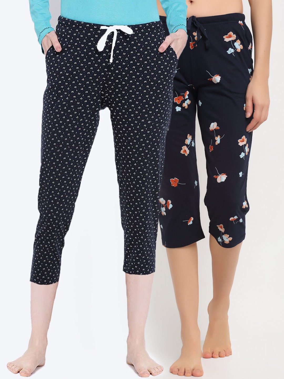 

Kanvin Women Pack of 2 Navy Blue Printed Pure Cotton Lounge Pants