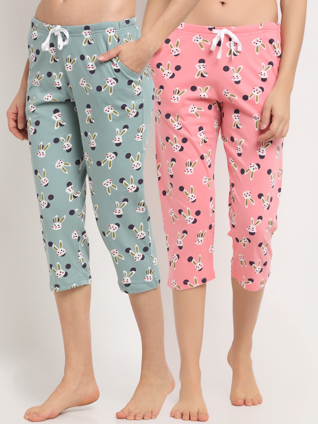 

Kanvin Women Pack Of 2 Printed Pure Cotton Lounge Pants, Sea green