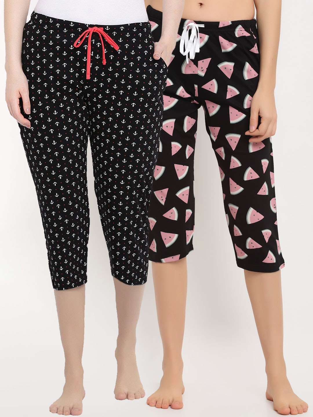 

Kanvin Women Black Printed Set of 2 Printed Pure Cotton Lounge Capris