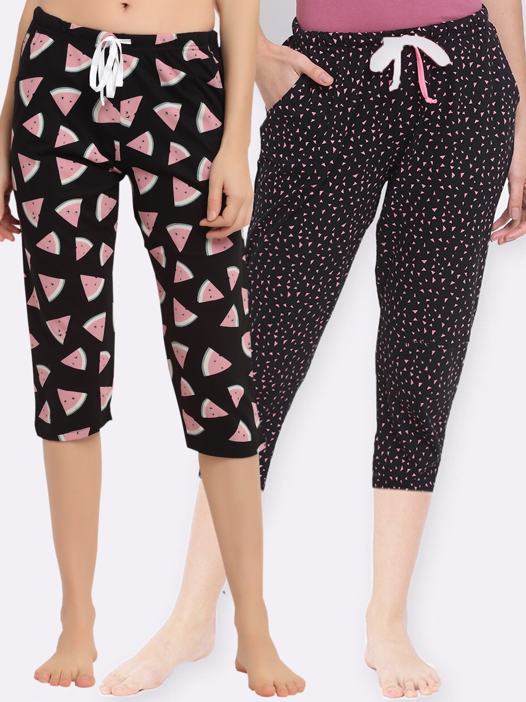 

Kanvin Women Pack Of 2 Printed Pure Cotton Lounge Capri, Black