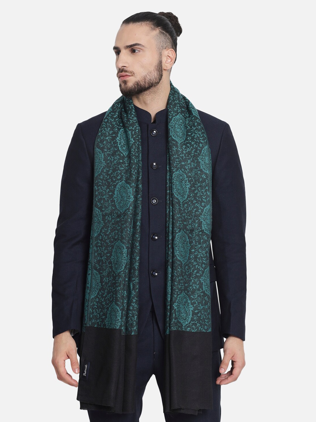 

Pashtush Men Black & Green Woven Design Wool Shawl