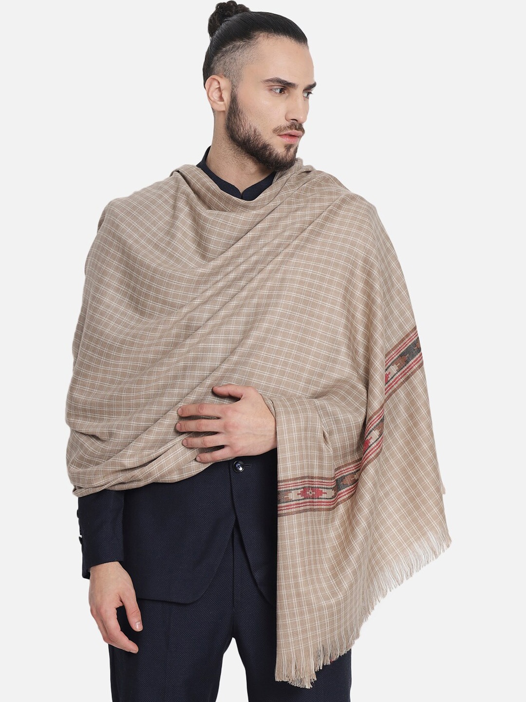 

Pashtush Men Beige Checked Woolen Shawl