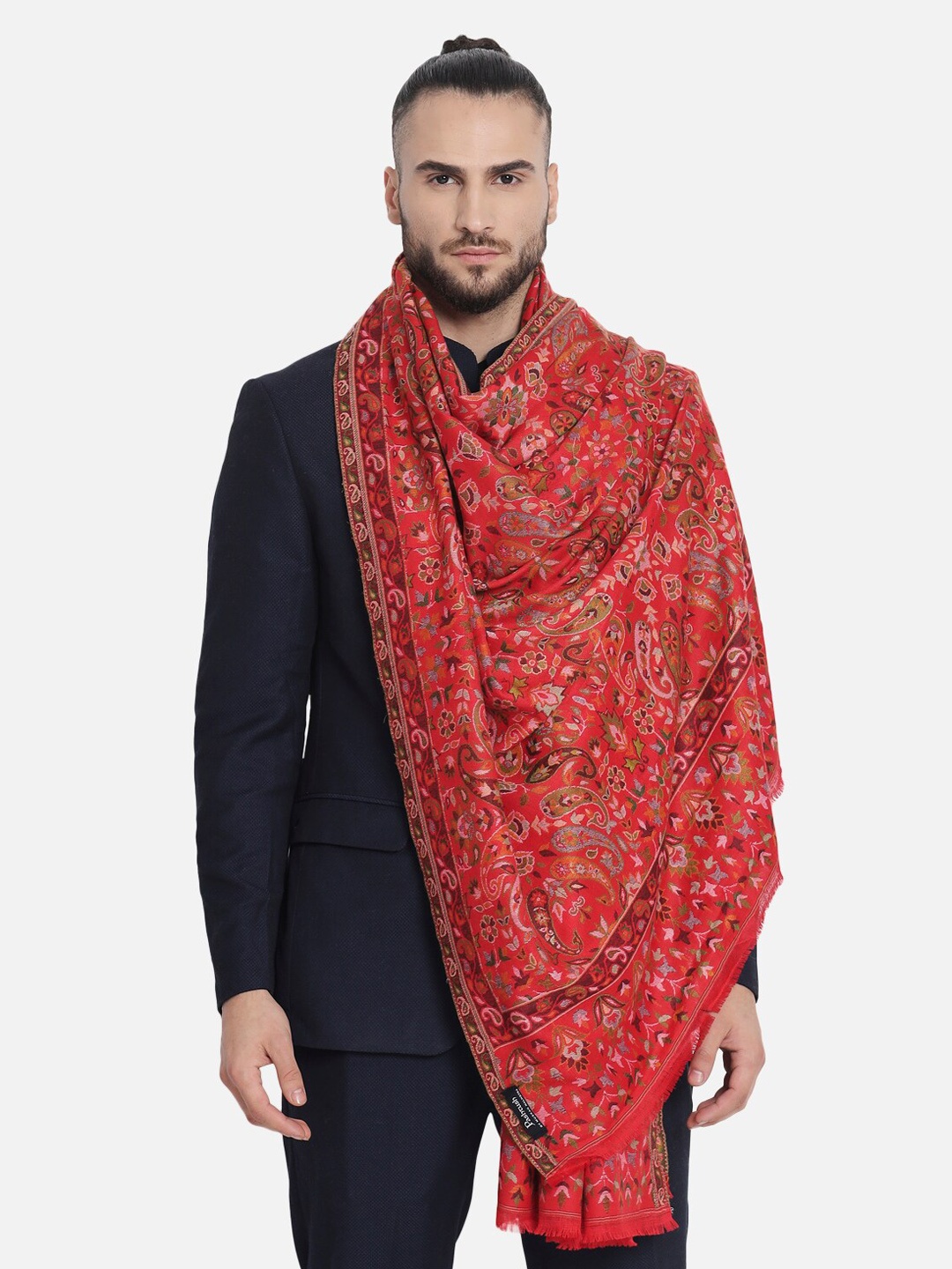 

Pashtush Men Maroon & Olive Green Paisley Woven-Design Woolen Shawl