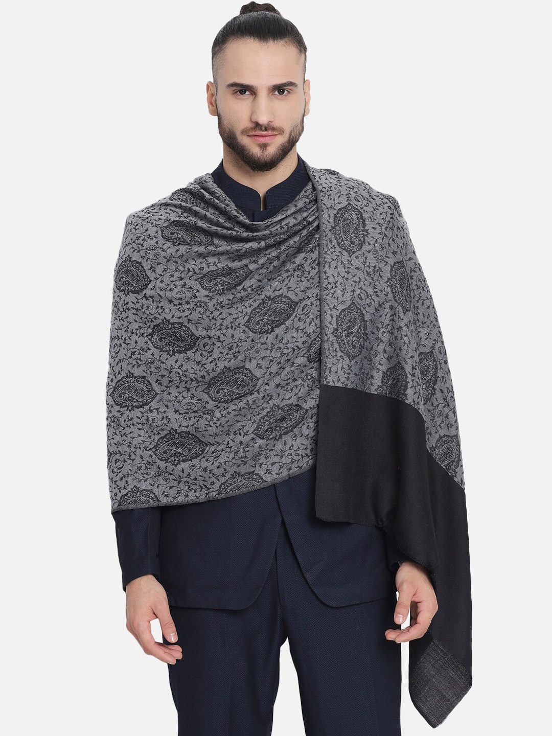 

Pashtush Men Black & Grey Woven Design Shawl