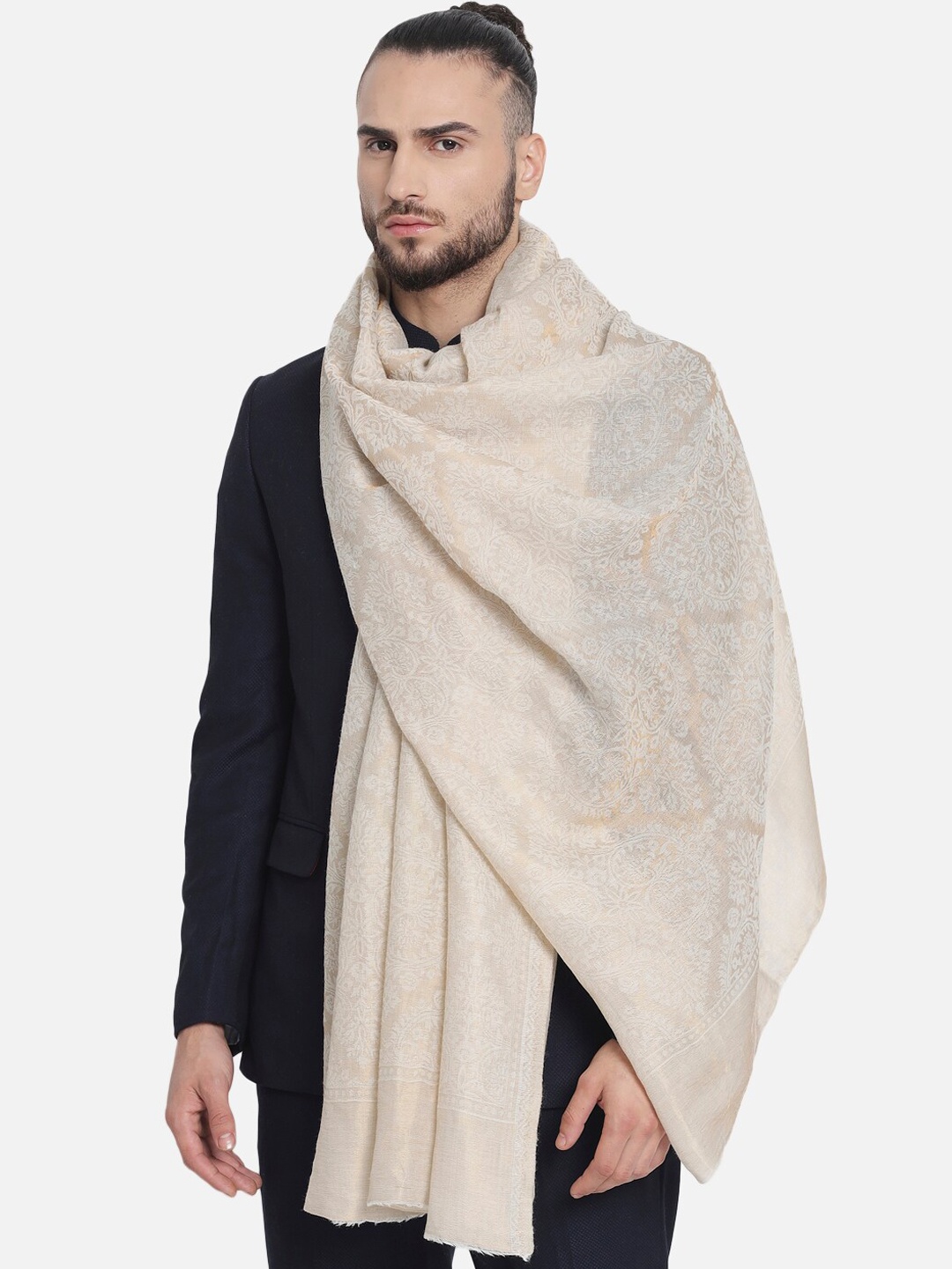 

Pashtush Men White Woven Design Wool Shawl