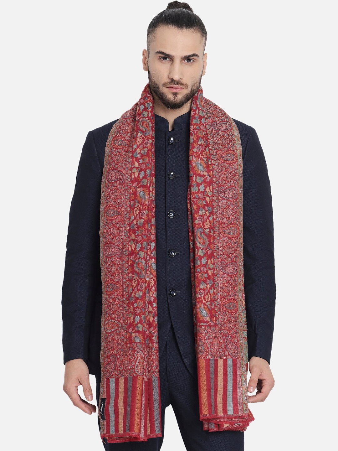 

Pashtush Men Red & Blue Woven Design Woolen Shawl