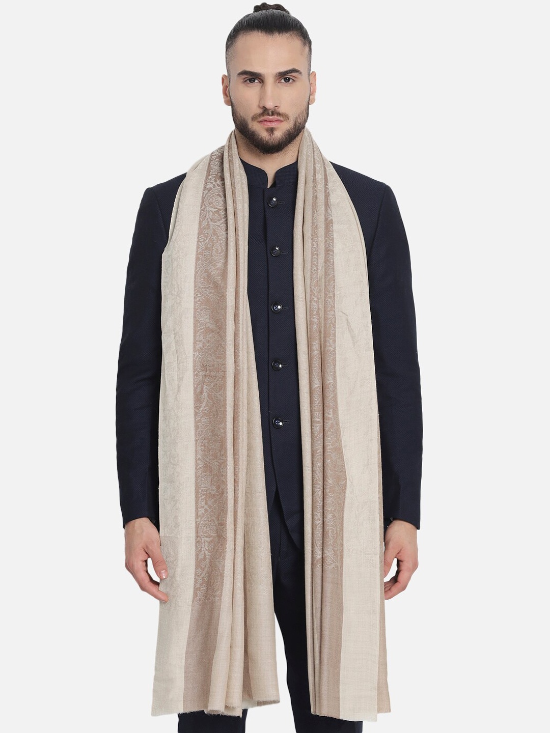 

Pashtush Men Beige Ethnic Motifs Woven Design Woolen Shawl