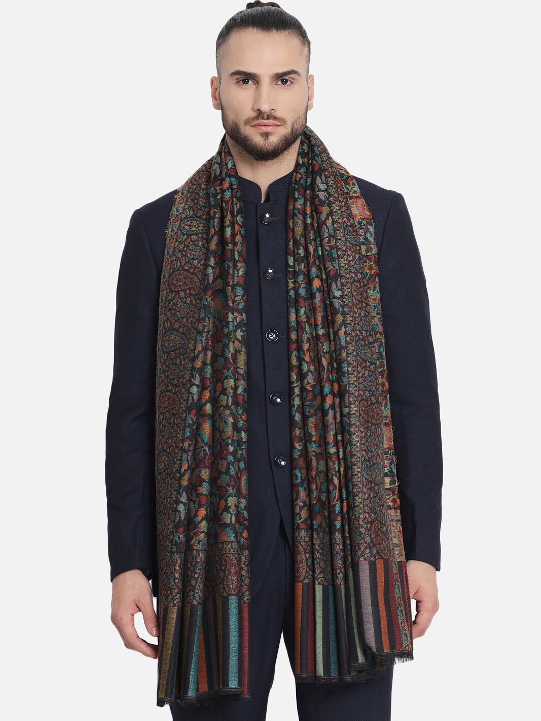 

Pashtush Men Black & Multicoloured Floral Printed Woolen Shawl