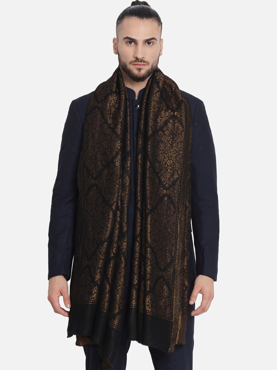 

Pashtush Men Black & Gold-Toned Woven Design Wool Shawl