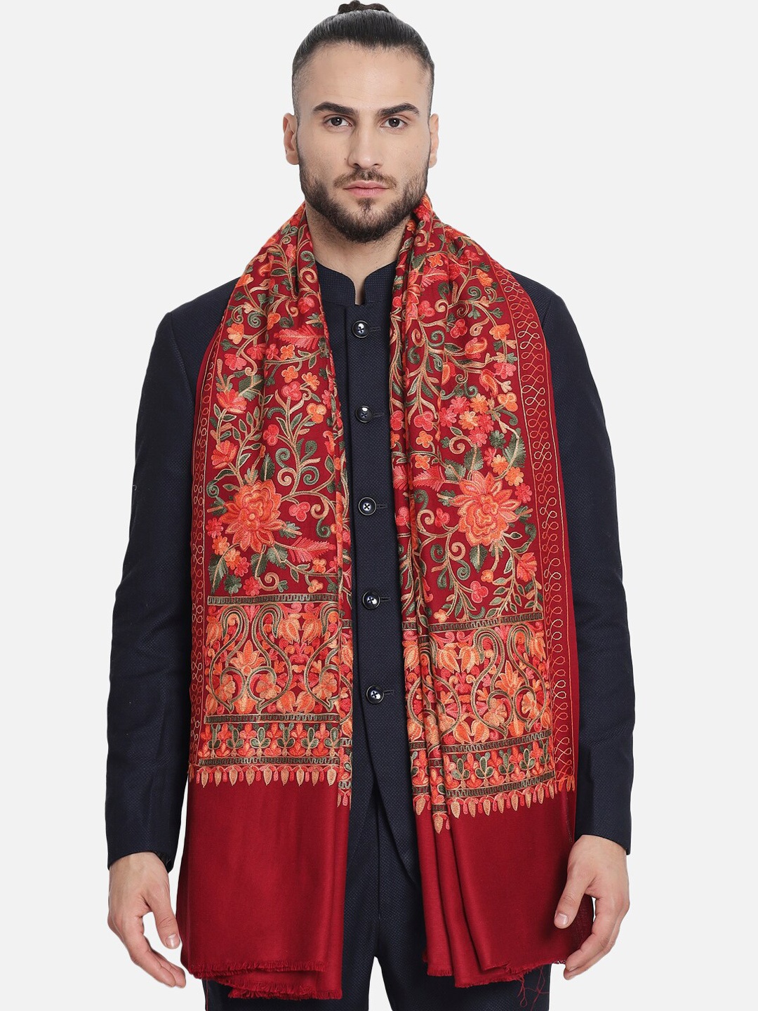 

Pashtush Men Red & Green Woven-Design Woolen Shawl