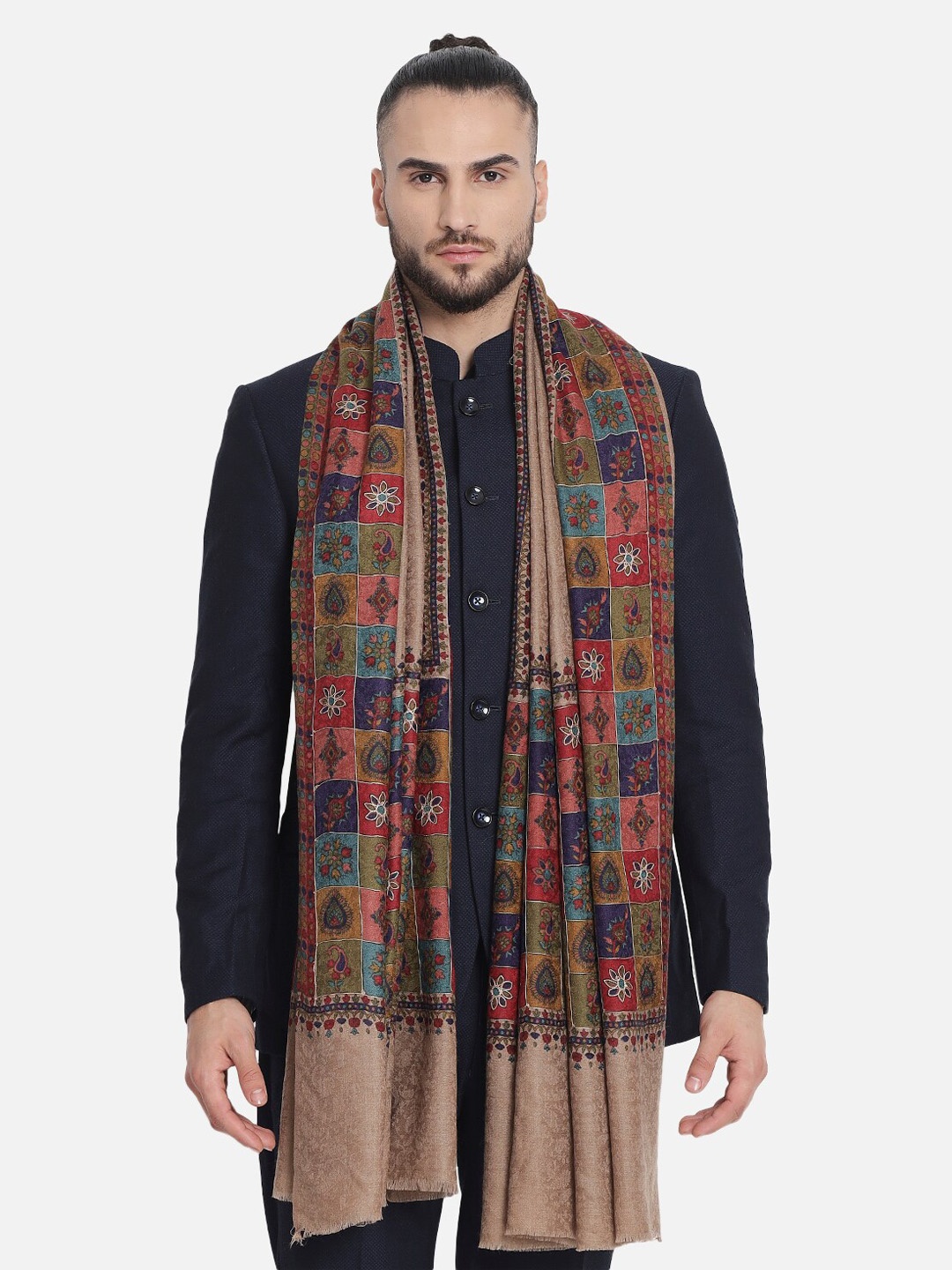 

Pashtush Men Beige & Red Woven Design Woolen Shawl